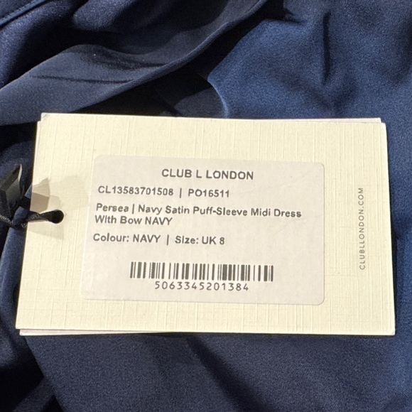 NWT Club L London Persea Navy Satin Puff-Sleeve Wedding Guest Midi Dress - Picture 7 of 9